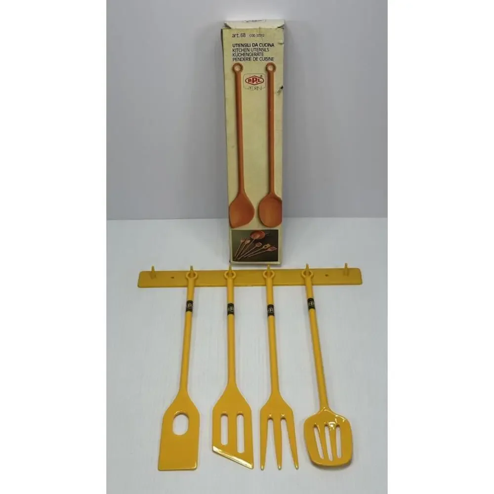 Vintage Rare PPL PEDRINI Yellow Kitchen Utensils Set of 4 Rack Original‎ Box